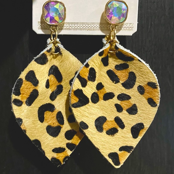 Taryn Rose Jewelry - Cowhide Leather Leopard Teardrop Earrings with Rhinestone Post